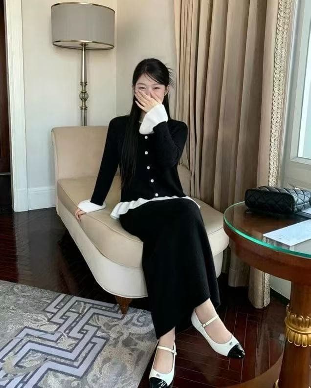 2026 한 부서 프릴 니트 오픈 가디건 반신 치마 세트 여성 가을 새로운 품격 맨위 롱 스커트 투피스 세트