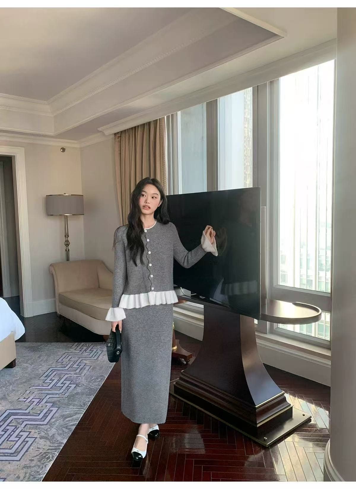 2026 한 부서 프릴 니트 오픈 가디건 반신 치마 세트 여성 가을 새로운 품격 맨위 롱 스커트 투피스 세트 상세 이미지 6