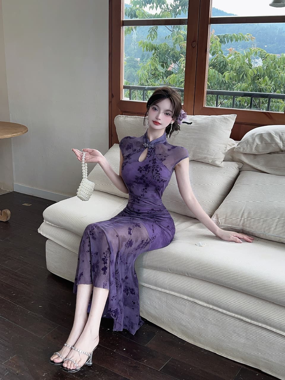 실사 슬림해 보이는 다용도 섹시함 롱 코트 망사 패치워크 슬림해 보이는 새로운 개선 치파오 점프 슈트 치마 상세 이미지 2