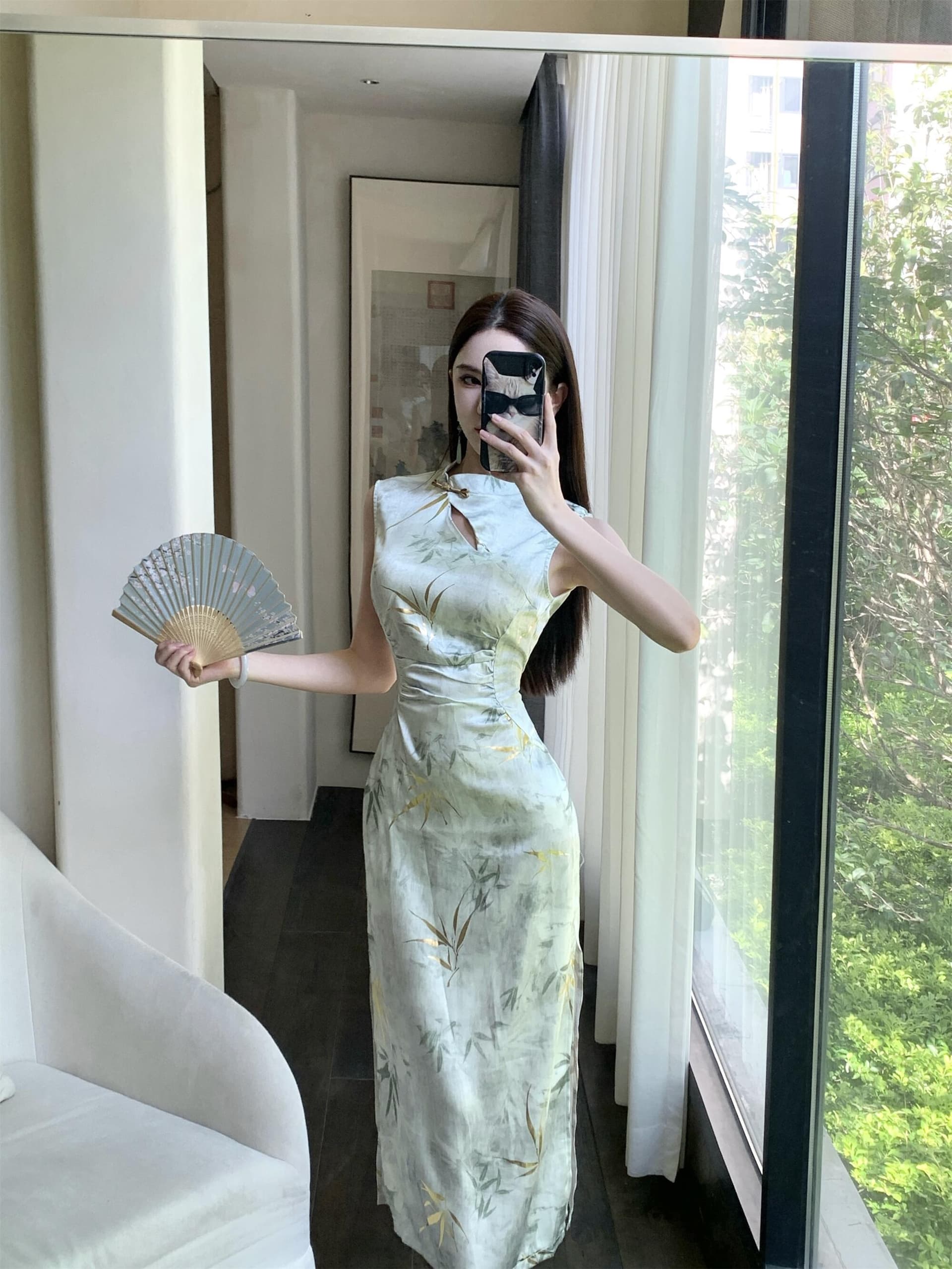 실사 새로운 여름 패션 비스듬한 칼라 홀로우 아웃 모임 민소매 섹시함 트임 중간 길이 치파오 드레스 상세 이미지 3