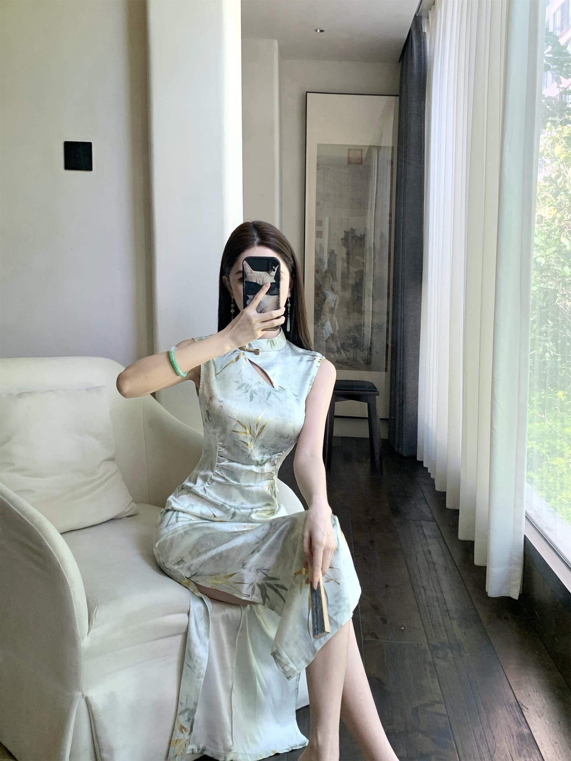 실사 새로운 여름 패션 비스듬한 칼라 홀로우 아웃 모임 민소매 섹시함 트임 중간 길이 치파오 드레스 상세 이미지 7