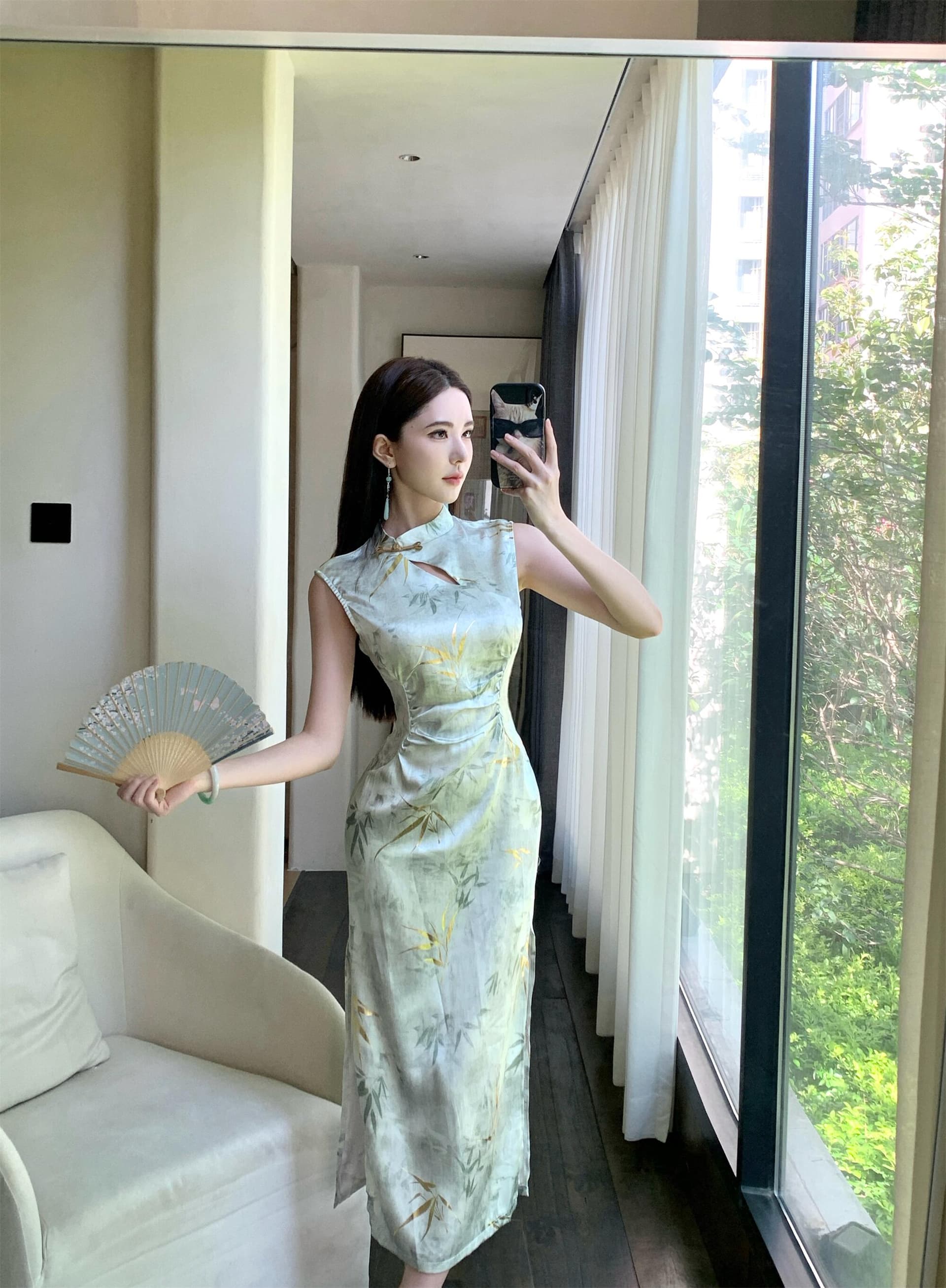 실사 새로운 여름 패션 비스듬한 칼라 홀로우 아웃 모임 민소매 섹시함 트임 중간 길이 치파오 드레스 상세 이미지 12