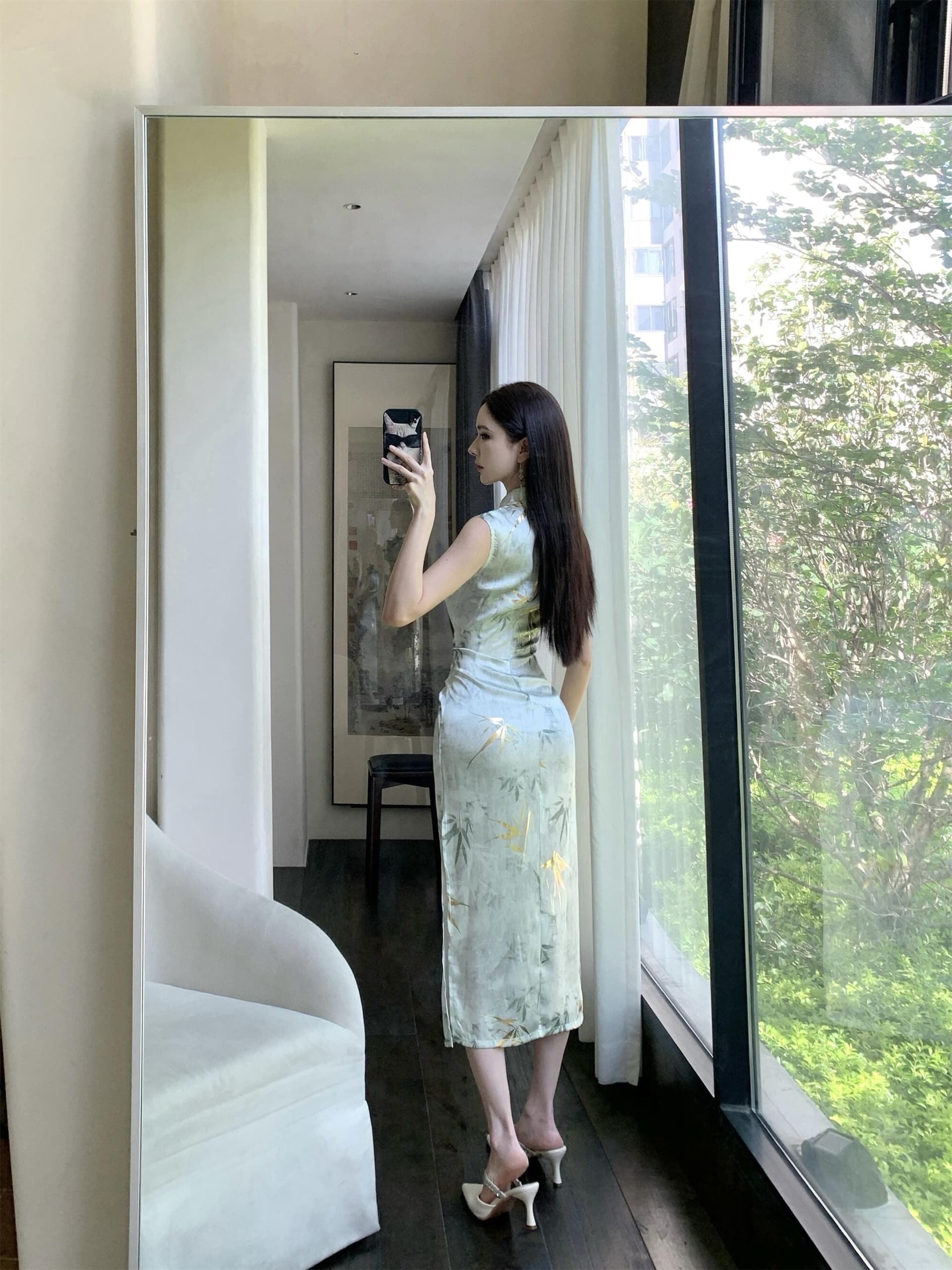 실사 새로운 여름 패션 비스듬한 칼라 홀로우 아웃 모임 민소매 섹시함 트임 중간 길이 치파오 드레스 상세 이미지 13