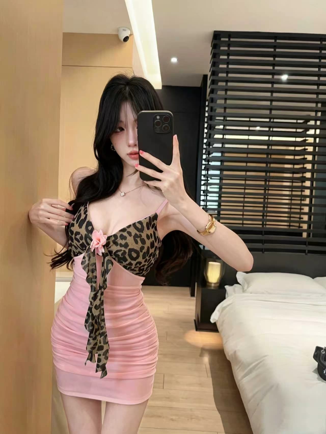 실사 망사 꽃 패치워크 배색 레오파드 무늬 섹시함 타이트 스커트 쇼트 스타일 행침 슬림해 보이는 벨트 드레스 상세 이미지 24