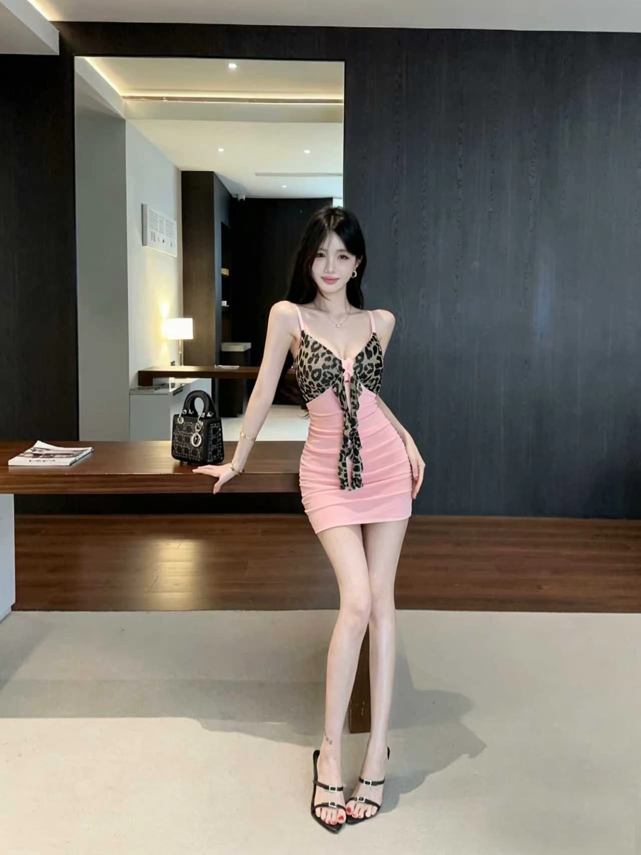 실사 망사 꽃 패치워크 배색 레오파드 무늬 섹시함 타이트 스커트 쇼트 스타일 행침 슬림해 보이는 벨트 드레스 상세 이미지 25