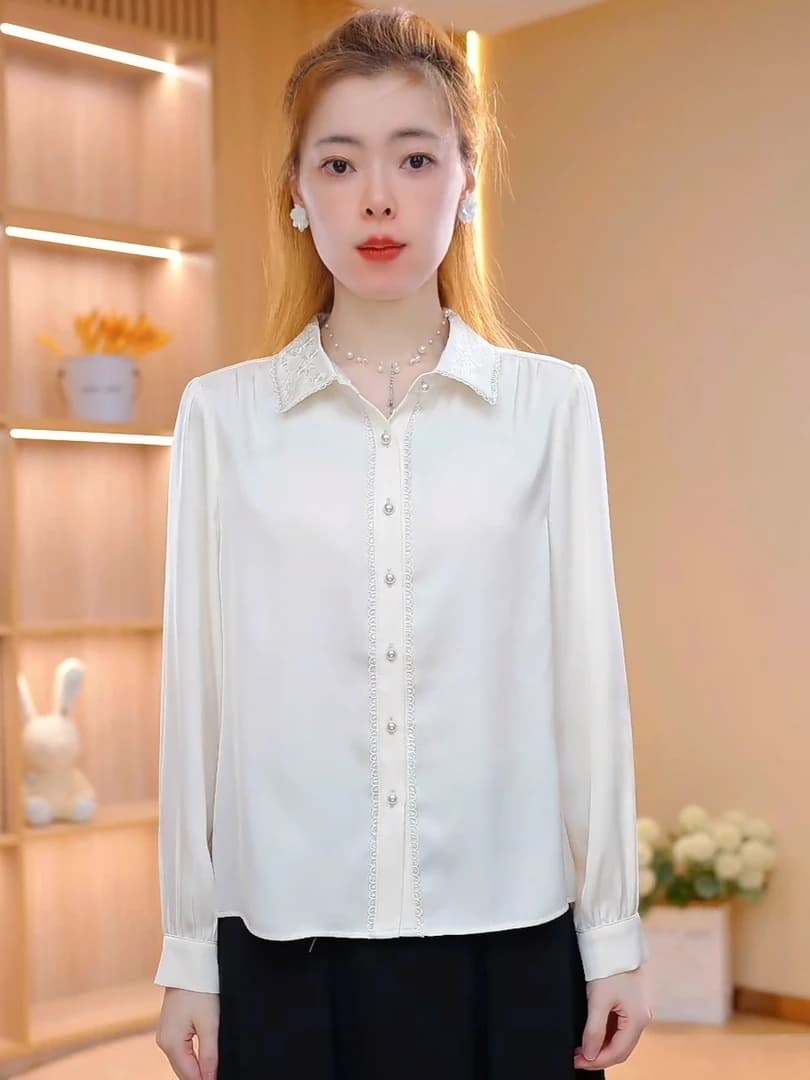 이른 봄 새로운 폴로 칼라 자수 단색 외국 가스 패션 다용도 여성 셔츠 상세 이미지 4