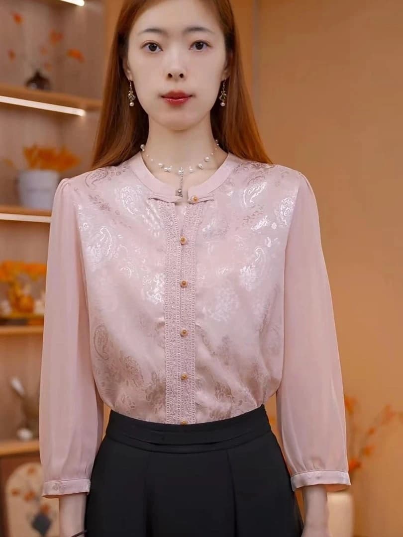 이른 봄 새로운 라운드 넥 자카드 단색 외국 가스 패션 다용도 여성 셔츠