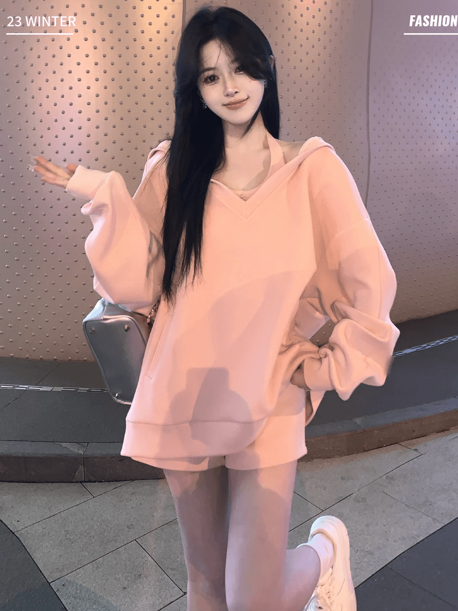 고급 부드러운 달콤함 패션 루즈핏 슬림해 보이는 연령 감소 핑크색 다용도 느긋한 캐주얼 슬립 후드티 세 조각 세트