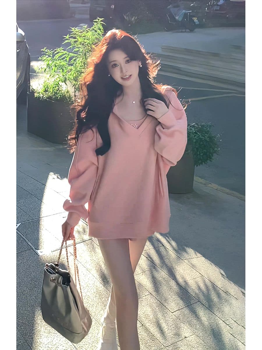 고급 부드러운 달콤함 패션 루즈핏 슬림해 보이는 연령 감소 핑크색 다용도 느긋한 캐주얼 슬립 후드티 세 조각 세트 이미지 3