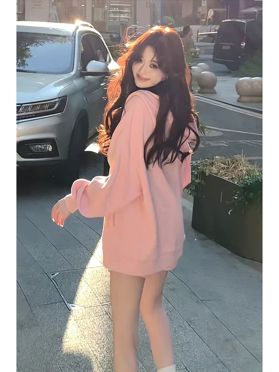 고급 부드러운 달콤함 패션 루즈핏 슬림해 보이는 연령 감소 핑크색 다용도 느긋한 캐주얼 슬립 후드티 세 조각 세트 이미지 2