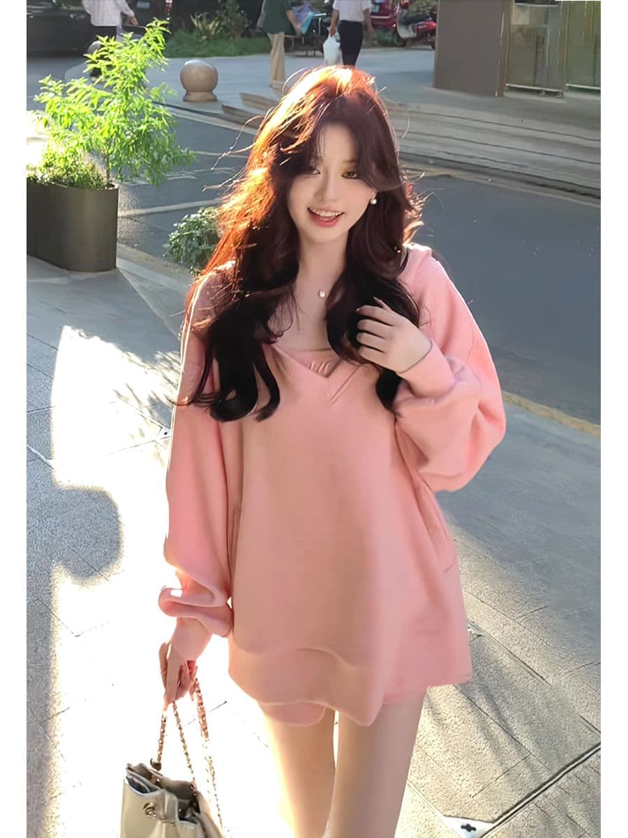 고급 부드러운 달콤함 패션 루즈핏 슬림해 보이는 연령 감소 핑크색 다용도 느긋한 캐주얼 슬립 후드티 세 조각 세트 이미지 4