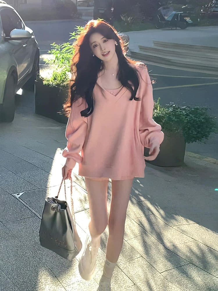 고급 부드러운 달콤함 패션 루즈핏 슬림해 보이는 연령 감소 핑크색 다용도 느긋한 캐주얼 슬립 후드티 세 조각 세트 상세 이미지 2