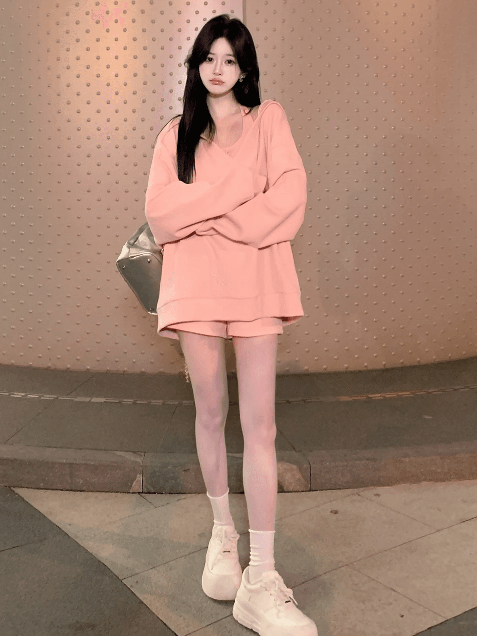 고급 부드러운 달콤함 패션 루즈핏 슬림해 보이는 연령 감소 핑크색 다용도 느긋한 캐주얼 슬립 후드티 세 조각 세트 상세 이미지 8