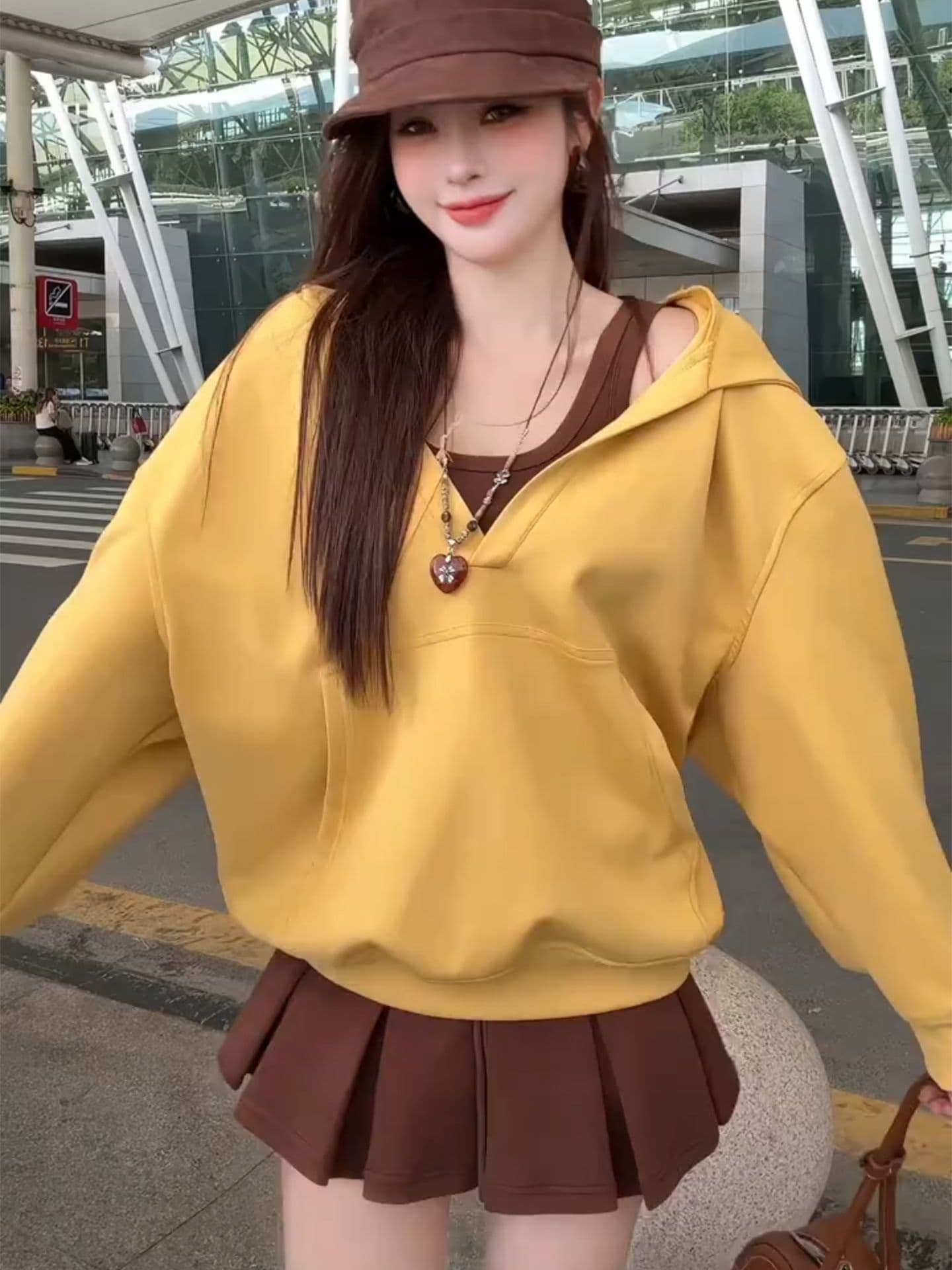 털이 있는 가을 겨울 새로운 달콤함 루즈핏 슬림해 보이는 연령 감소 표지 고기 세련된 느긋한 느슨함 슬립 후드티 세트 상세 이미지 4