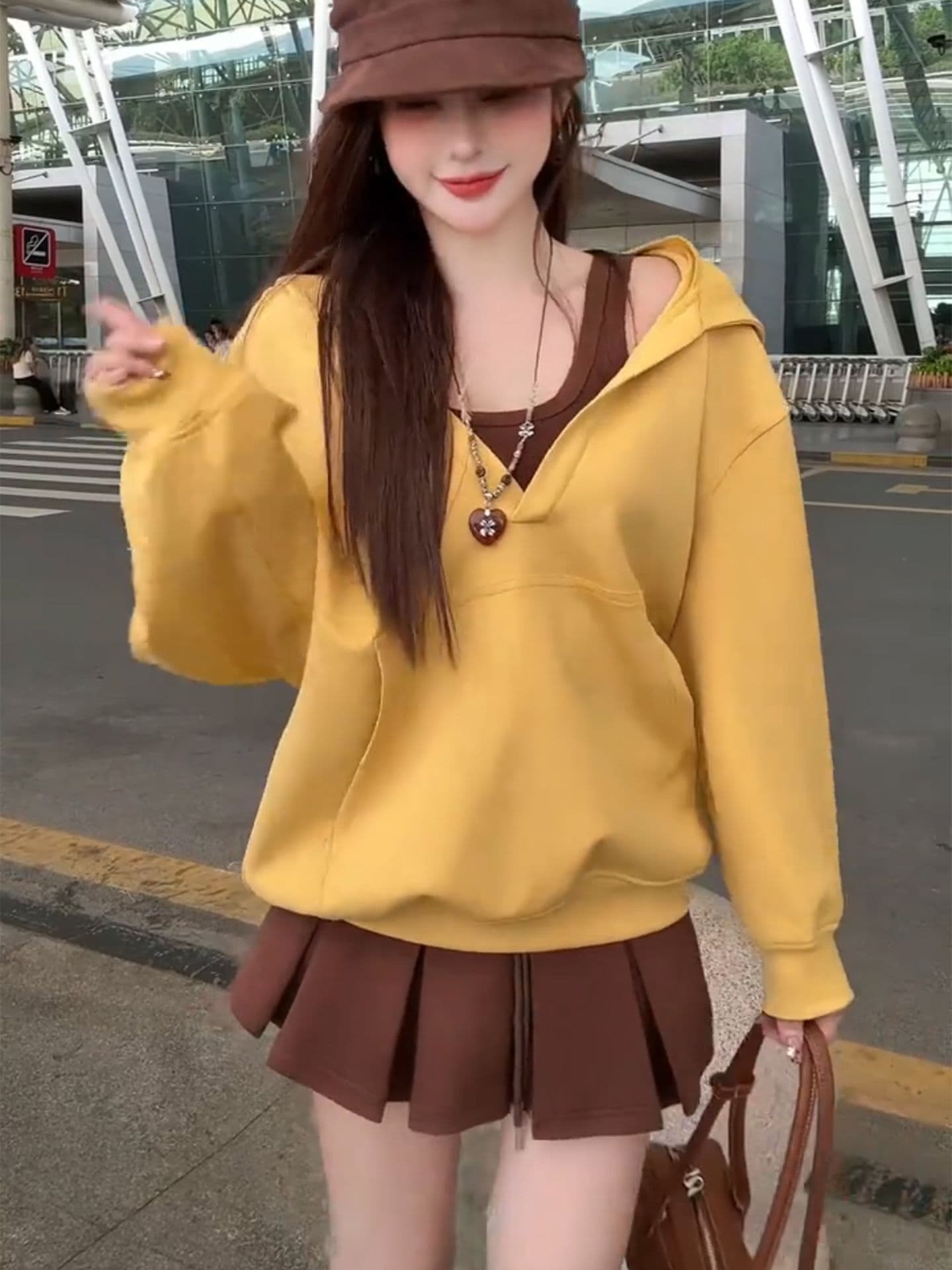 털이 있는 가을 겨울 새로운 달콤함 루즈핏 슬림해 보이는 연령 감소 표지 고기 세련된 느긋한 느슨함 슬립 후드티 세트 상세 이미지 5