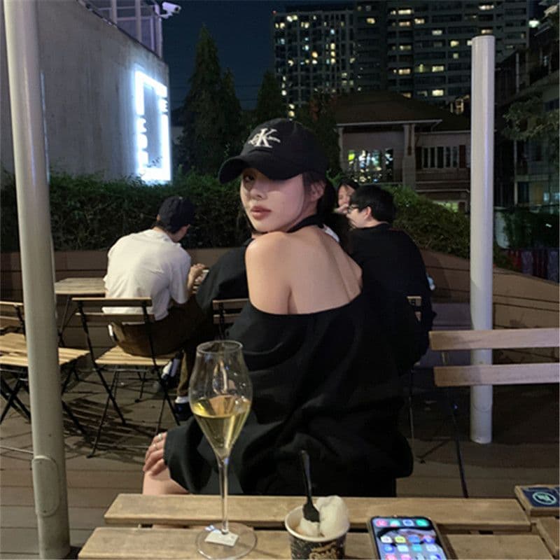 올해 인기 ~ 중 검정색 긴팔 후드티 여성 자이언트 슬림해 보이는 루즈핏 핫걸 느긋한 바람 패션 다용도 캐주얼 맨위 이미지 2