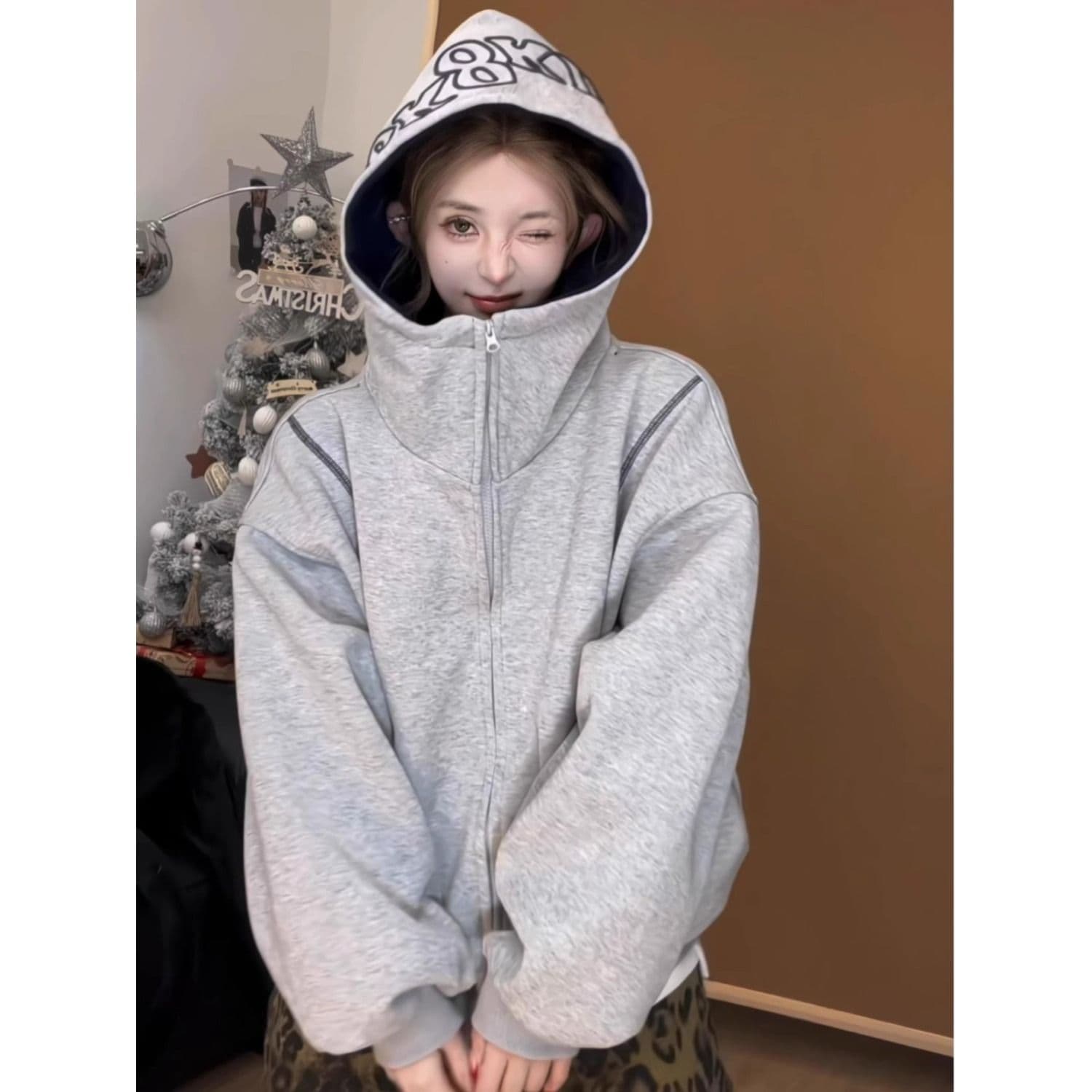 후아 면 복합 후드티 트렌디 레바논 모자 셔츠 지퍼 오픈 가디건 후드티 여자 봄 가을 겨울 긴팔 루즈핏 재킷 트렌디 이미지 5