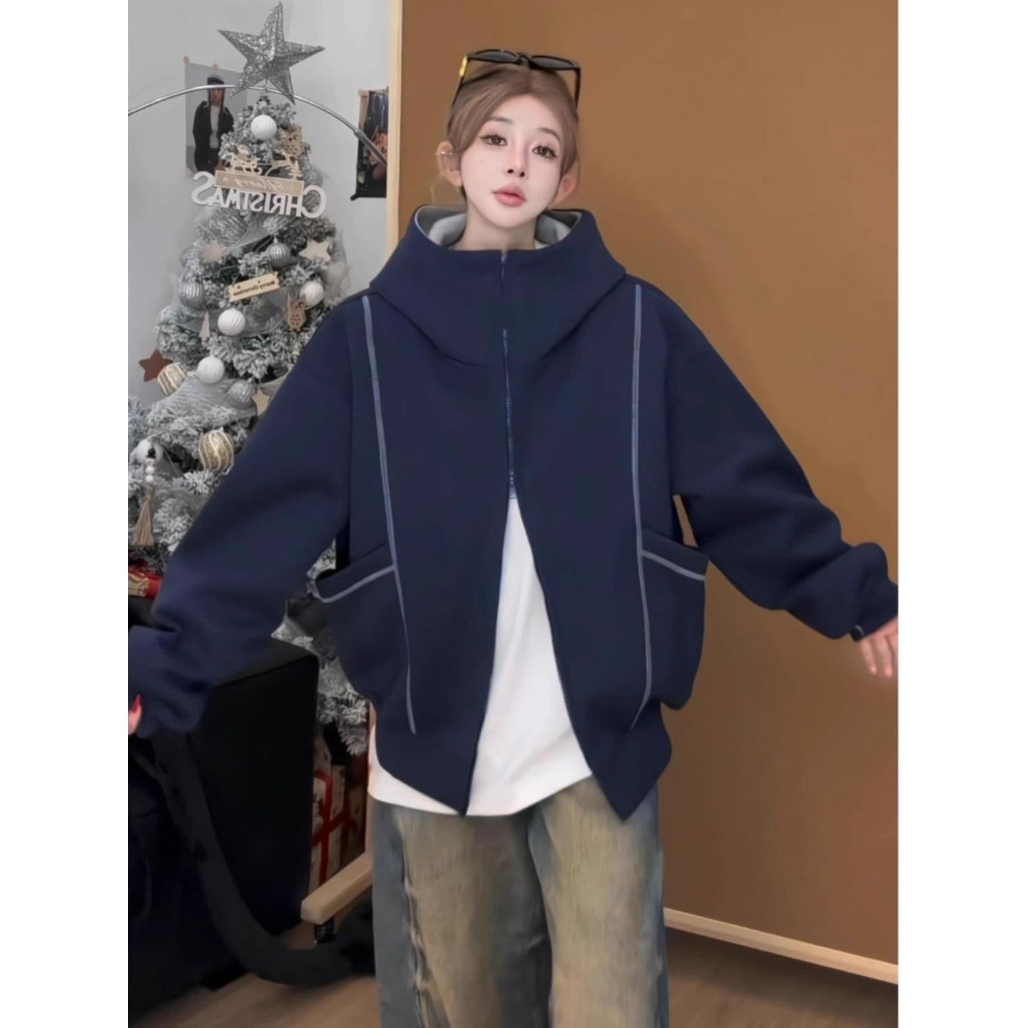 후아 면 복합 후드티 트렌디 레바논 모자 셔츠 지퍼 오픈 가디건 후드티 여자 봄 가을 겨울 긴팔 루즈핏 재킷 트렌디 이미지 2