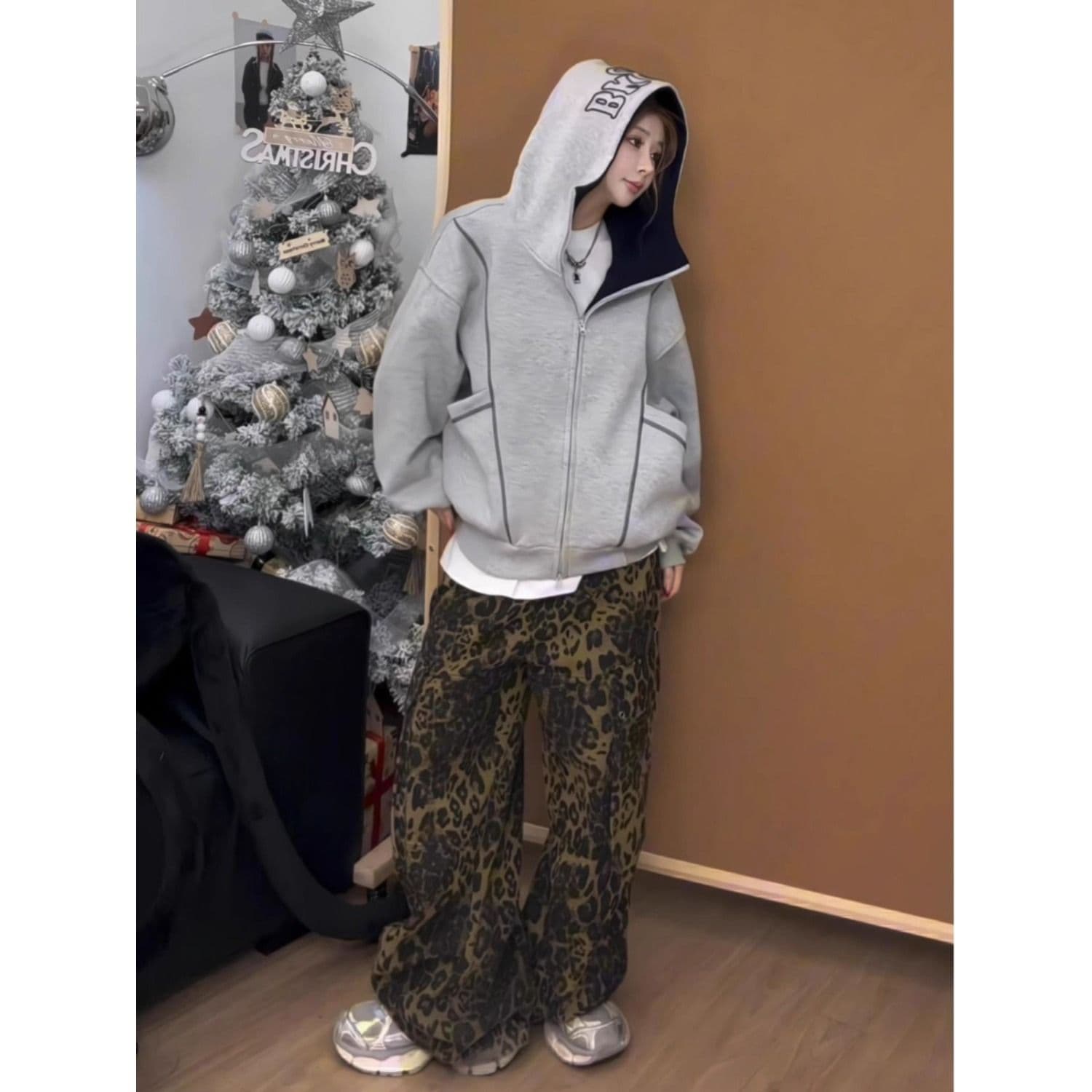 후아 면 복합 후드티 트렌디 레바논 모자 셔츠 지퍼 오픈 가디건 후드티 여자 봄 가을 겨울 긴팔 루즈핏 재킷 트렌디 이미지 3