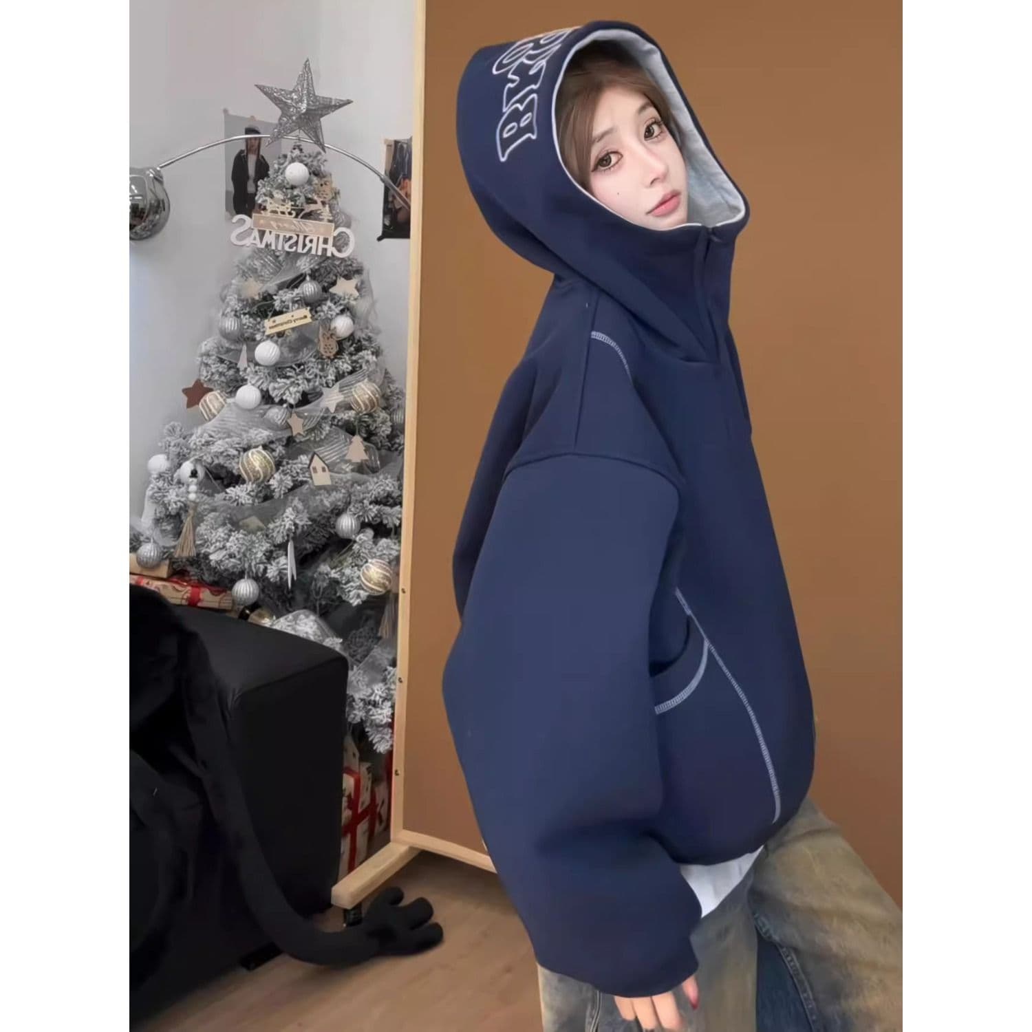 후아 면 복합 후드티 트렌디 레바논 모자 셔츠 지퍼 오픈 가디건 후드티 여자 봄 가을 겨울 긴팔 루즈핏 재킷 트렌디 이미지 4