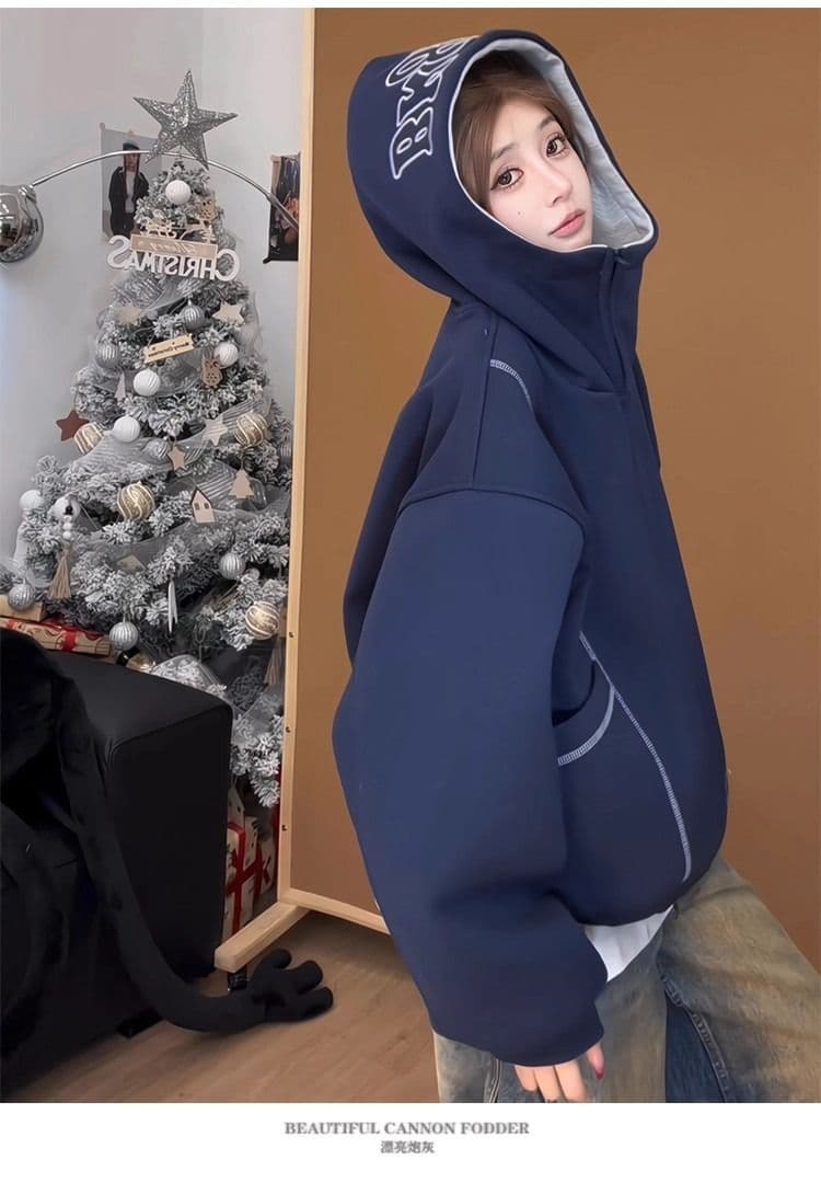 후아 면 복합 후드티 트렌디 레바논 모자 셔츠 지퍼 오픈 가디건 후드티 여자 봄 가을 겨울 긴팔 루즈핏 재킷 트렌디 상세 이미지 12