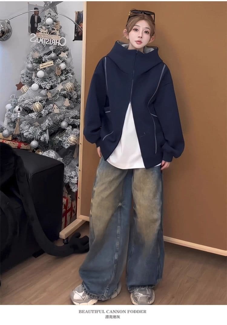 후아 면 복합 후드티 트렌디 레바논 모자 셔츠 지퍼 오픈 가디건 후드티 여자 봄 가을 겨울 긴팔 루즈핏 재킷 트렌디 상세 이미지 15