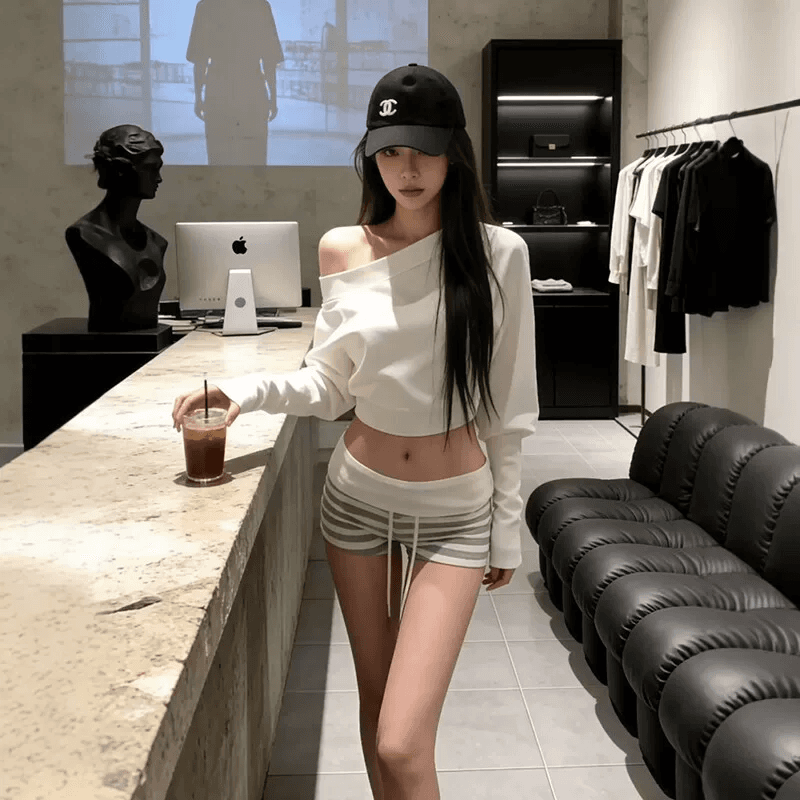 원본 품질 아메리칸 하이웨이스트 슬림해 보이는 스트라이프 반바지 여성 여름 새로운 펌프 로프 타이트 스커트 외출용 3 점 바지 상세 이미지 4