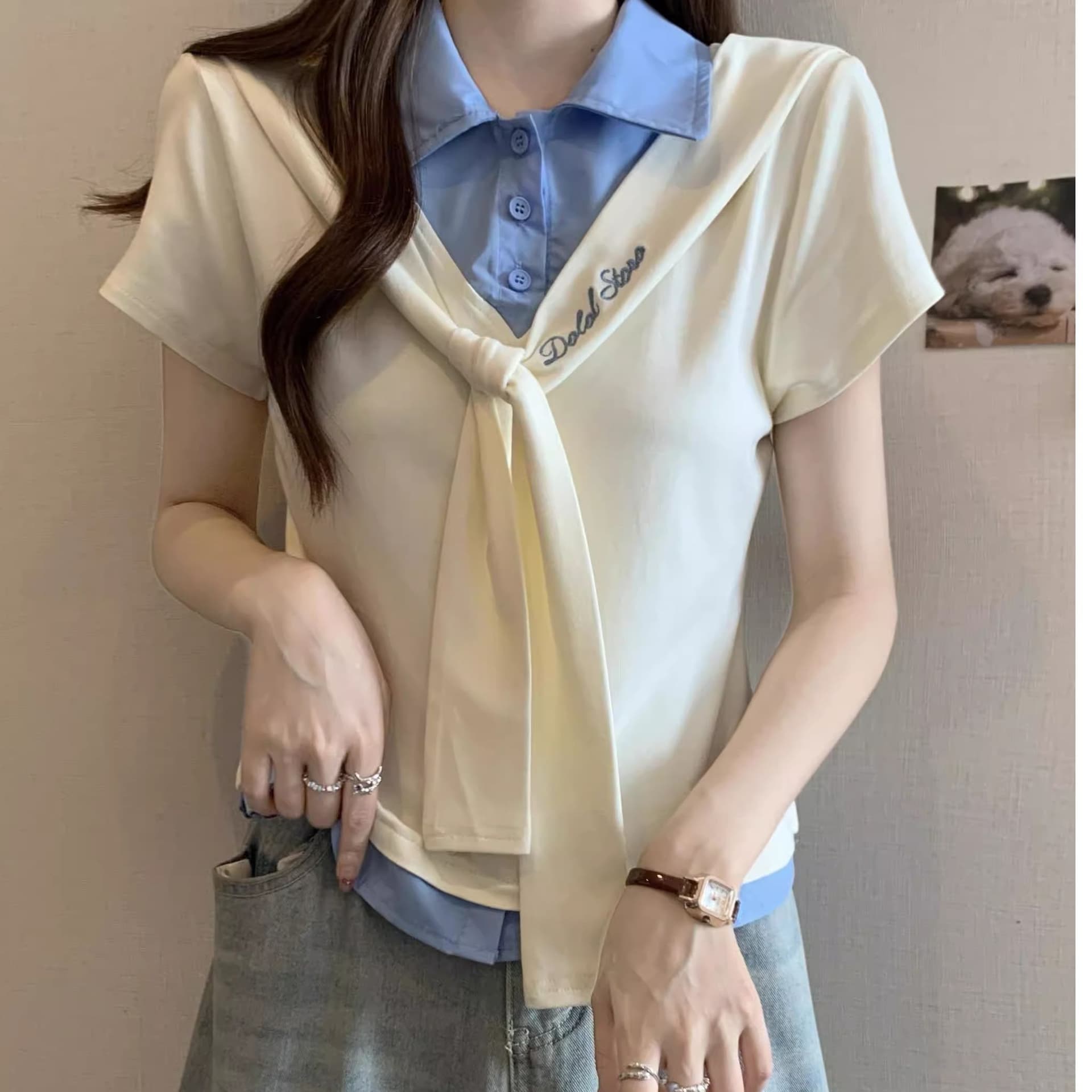 페이크 레이어드 POLO 칼라 긍정적 인 어깨 반팔 티셔츠 여성 2025 여름 지방 mm 꼬집기 허리 작은 셔츠 학원 바람 벨트 넥타이 맨위 상세 이미지 4