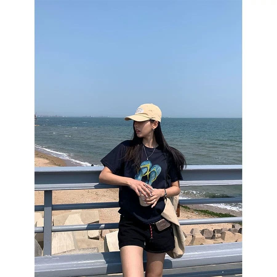 경관 그림 21 순면 210 그램 여름 드레스 반팔 티셔츠 여성 한국 스타일 빅 사이즈 루즈핏 이미지 3