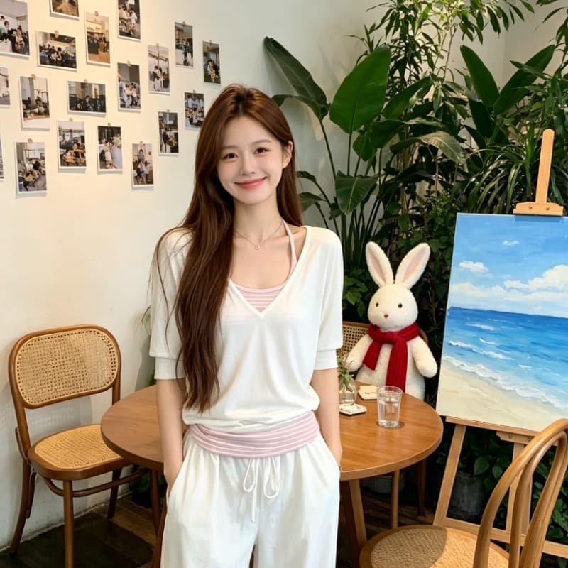 원본 사람들 면 260 그램 한 분말 스트라이프 슬립 느긋한 V넥 티셔츠 슬림해 보이는 다용도 투피스 세트 이미지 2