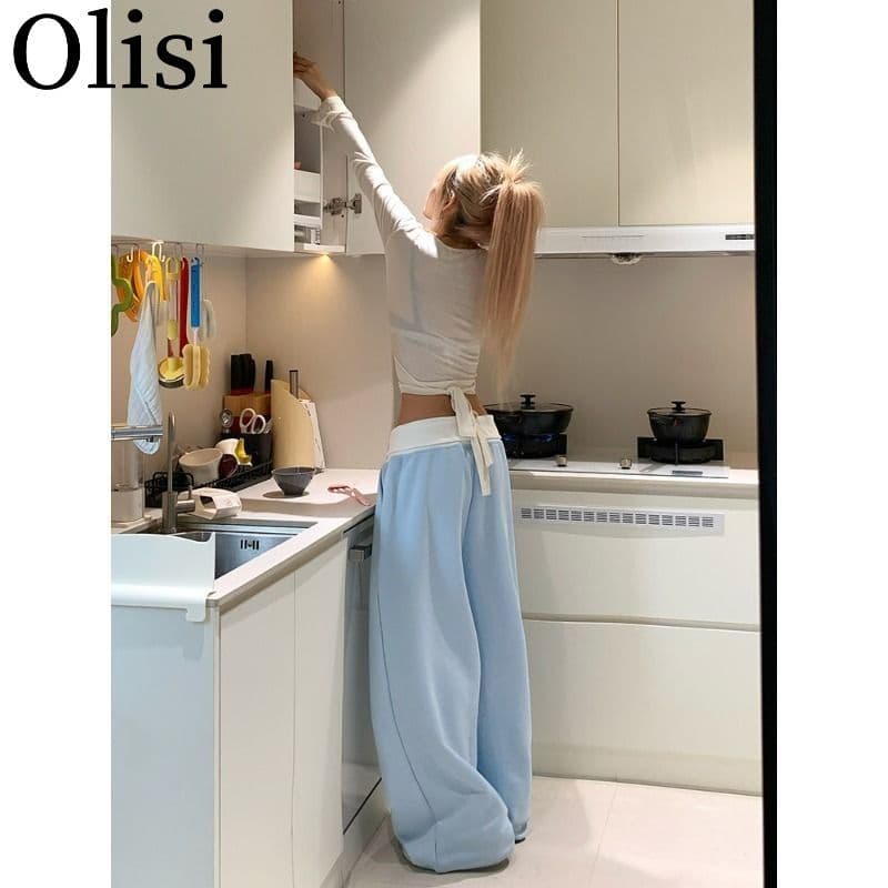 아메리칸 레트로 알파벳 십자가 프린트 뒤집다 허리 디자인 센스 넓은 다리 웨이 바지 남녀 루즈핏 캐주얼 긴 바지 여성 새로운 상세 이미지 2