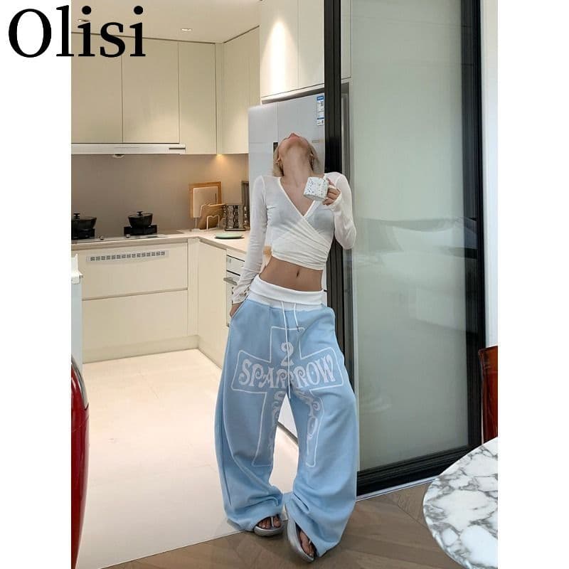 아메리칸 레트로 알파벳 십자가 프린트 뒤집다 허리 디자인 센스 넓은 다리 웨이 바지 남녀 루즈핏 캐주얼 긴 바지 여성 새로운 상세 이미지 3