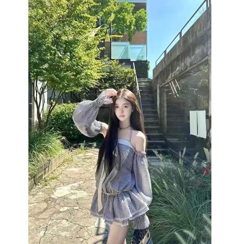오프숄더 나비 매듭 스트라이프 튜브탑 여성 드레스 여름 프랑스식 품격 허리 수축 자이언트 잘 생긴 케이크 짧은 치마
