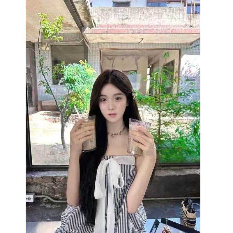 오프숄더 나비 매듭 스트라이프 튜브탑 여성 드레스 여름 프랑스식 품격 허리 수축 자이언트 잘 생긴 케이크 짧은 치마 이미지 2