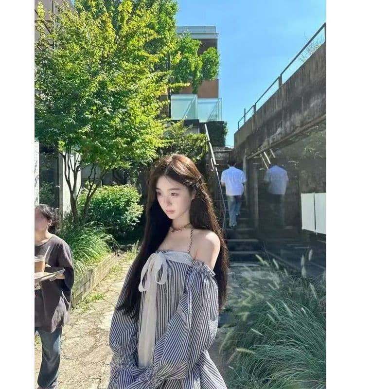 오프숄더 나비 매듭 스트라이프 튜브탑 여성 드레스 여름 프랑스식 품격 허리 수축 자이언트 잘 생긴 케이크 짧은 치마 이미지 3