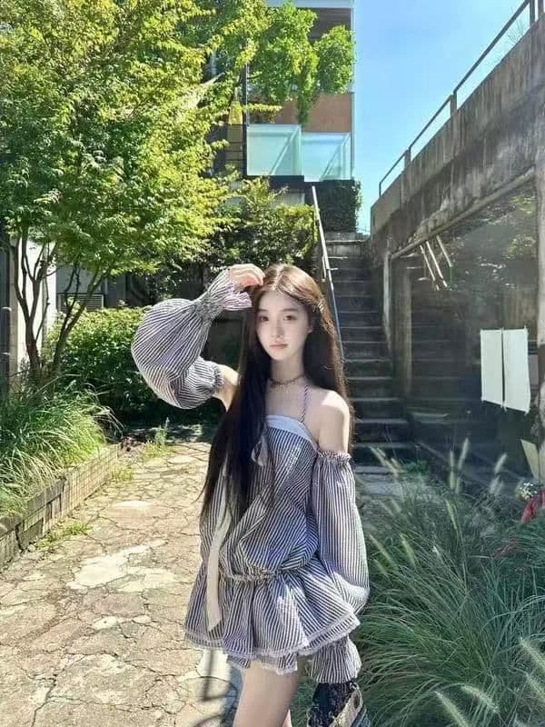 오프숄더 나비 매듭 스트라이프 튜브탑 여성 드레스 여름 프랑스식 품격 허리 수축 자이언트 잘 생긴 케이크 짧은 치마 상세 이미지 4