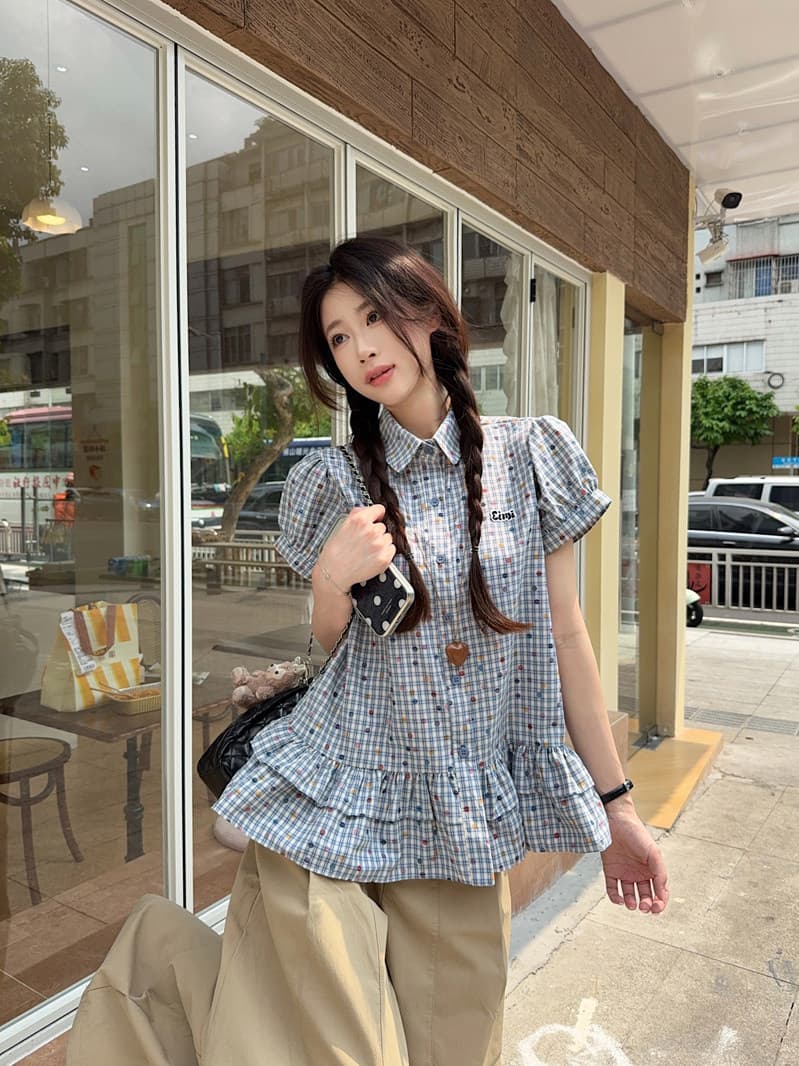 한 부서 레트로 파란색 체크무늬 반팔 여성 셔츠 여름 루즈핏 학원 스타일 허리 수축 폴로 칼라 셔츠 맨위 상세 이미지 15