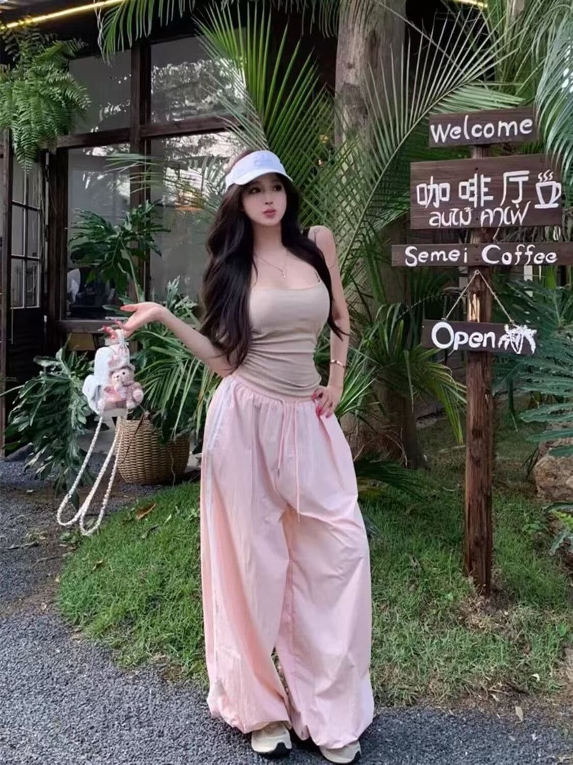 핑크색 스트라이프 와이드 레깅스 바지 여름 작은 대중 디자인 센스 레이스 레이스 패치워크 루즈핏 스트레이트 캐주얼 바지 상세 이미지 1