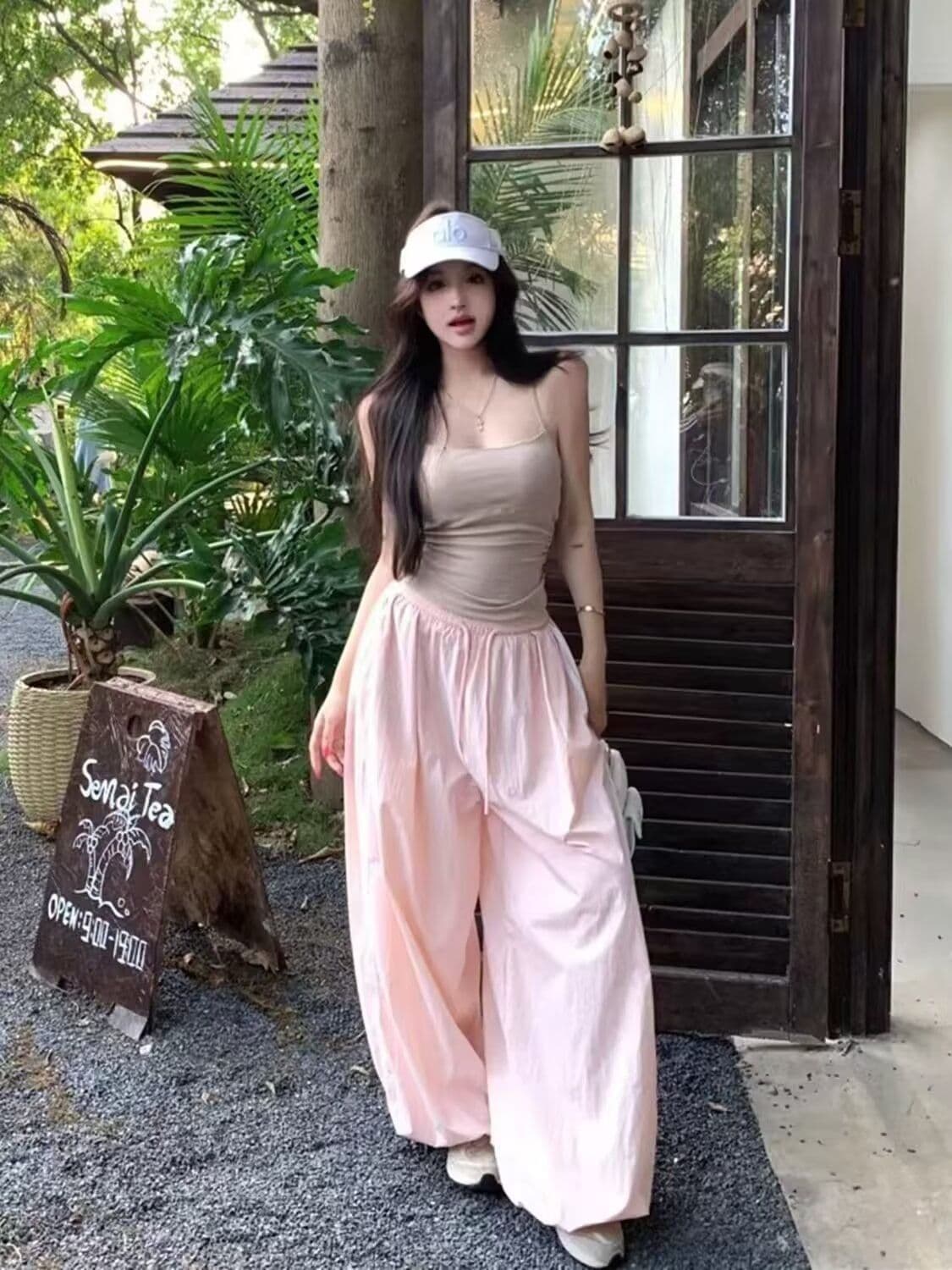 핑크색 스트라이프 와이드 레깅스 바지 여름 작은 대중 디자인 센스 레이스 레이스 패치워크 루즈핏 스트레이트 캐주얼 바지 상세 이미지 2