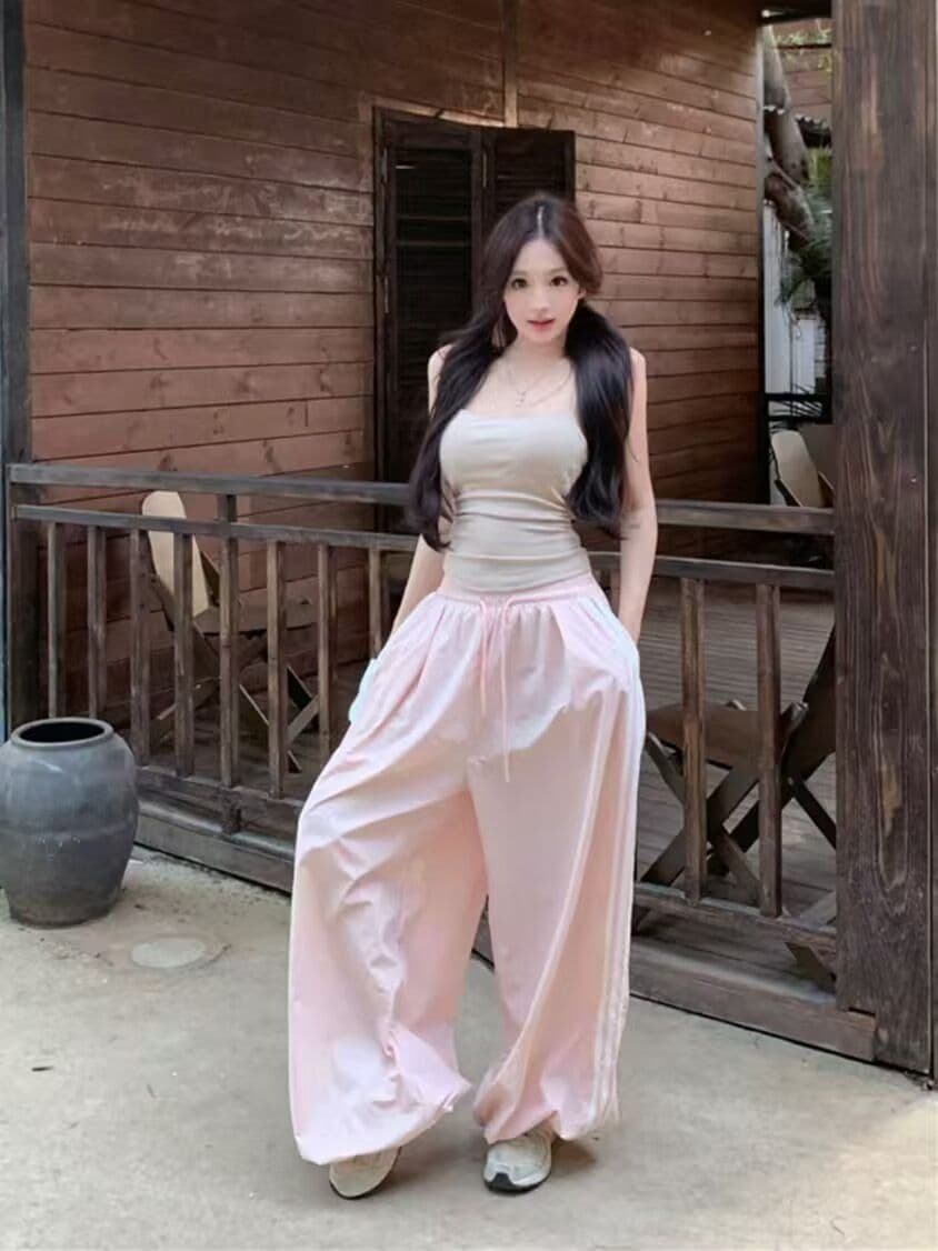 핑크색 스트라이프 와이드 레깅스 바지 여름 작은 대중 디자인 센스 레이스 레이스 패치워크 루즈핏 스트레이트 캐주얼 바지 상세 이미지 3
