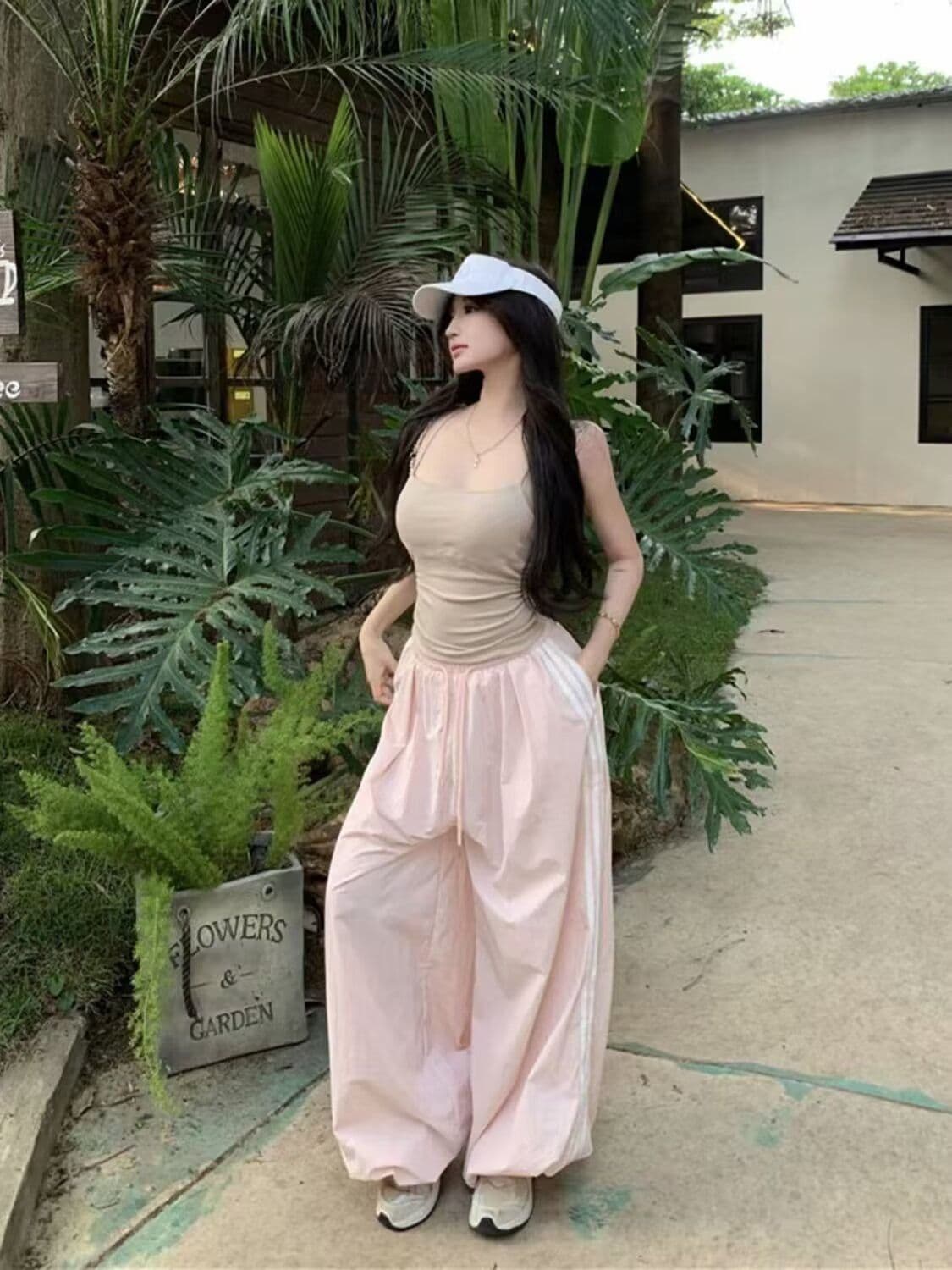 핑크색 스트라이프 와이드 레깅스 바지 여름 작은 대중 디자인 센스 레이스 레이스 패치워크 루즈핏 스트레이트 캐주얼 바지 상세 이미지 4