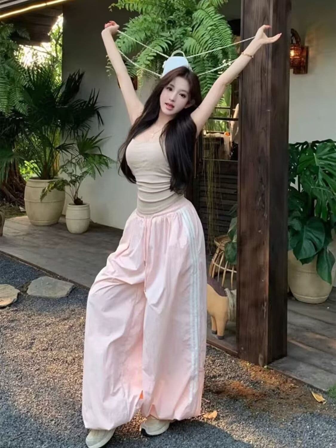 핑크색 스트라이프 와이드 레깅스 바지 여름 작은 대중 디자인 센스 레이스 레이스 패치워크 루즈핏 스트레이트 캐주얼 바지 상세 이미지 5