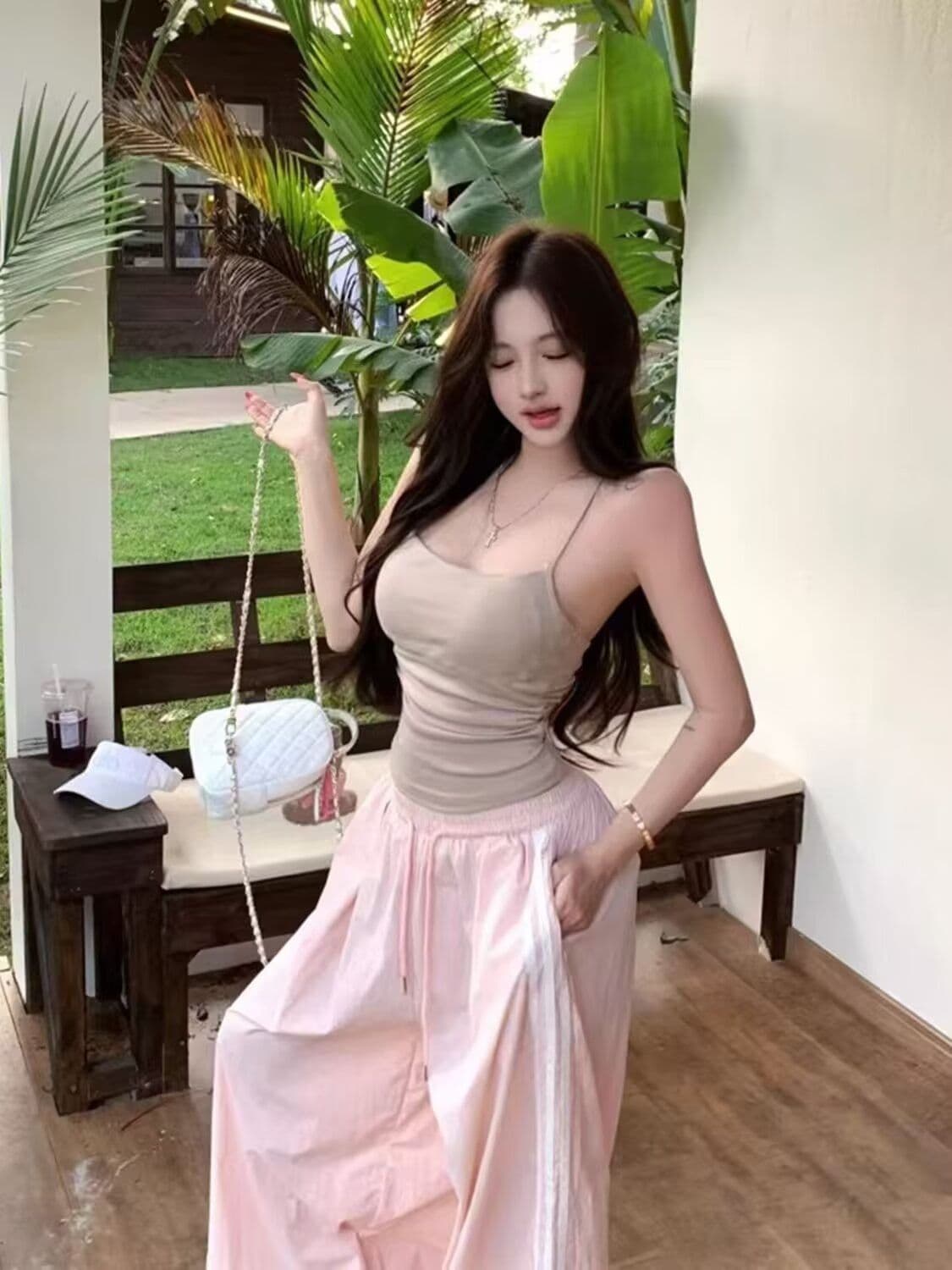 핑크색 스트라이프 와이드 레깅스 바지 여름 작은 대중 디자인 센스 레이스 레이스 패치워크 루즈핏 스트레이트 캐주얼 바지 상세 이미지 8