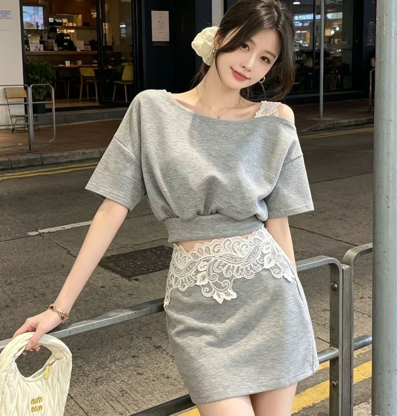 프랑스식 빛 요리 한 바람 외국 가스 레이스 조각 비스듬한 칼라 반팔 투피스 세트 세트 여성 2025 여름 새로운 세트 드레스 상세 이미지 1