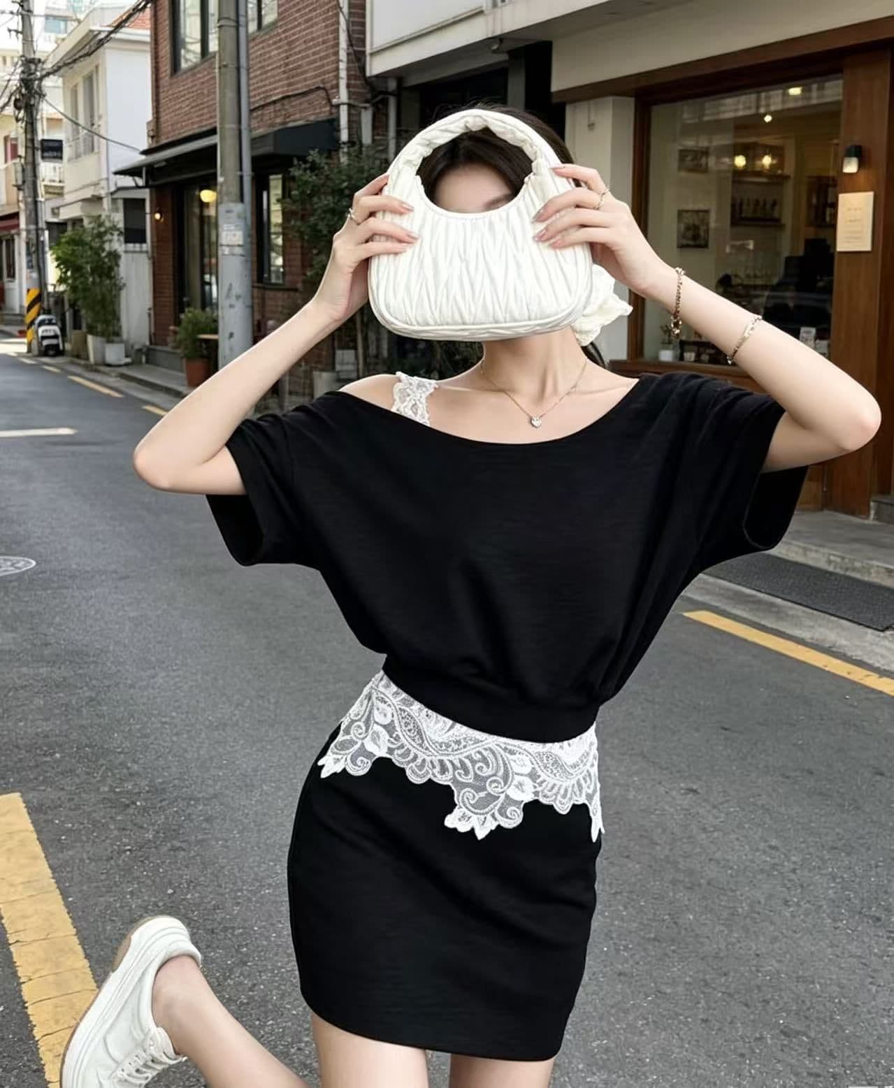 프랑스식 빛 요리 한 바람 외국 가스 레이스 조각 비스듬한 칼라 반팔 투피스 세트 세트 여성 2025 여름 새로운 세트 드레스 상세 이미지 3