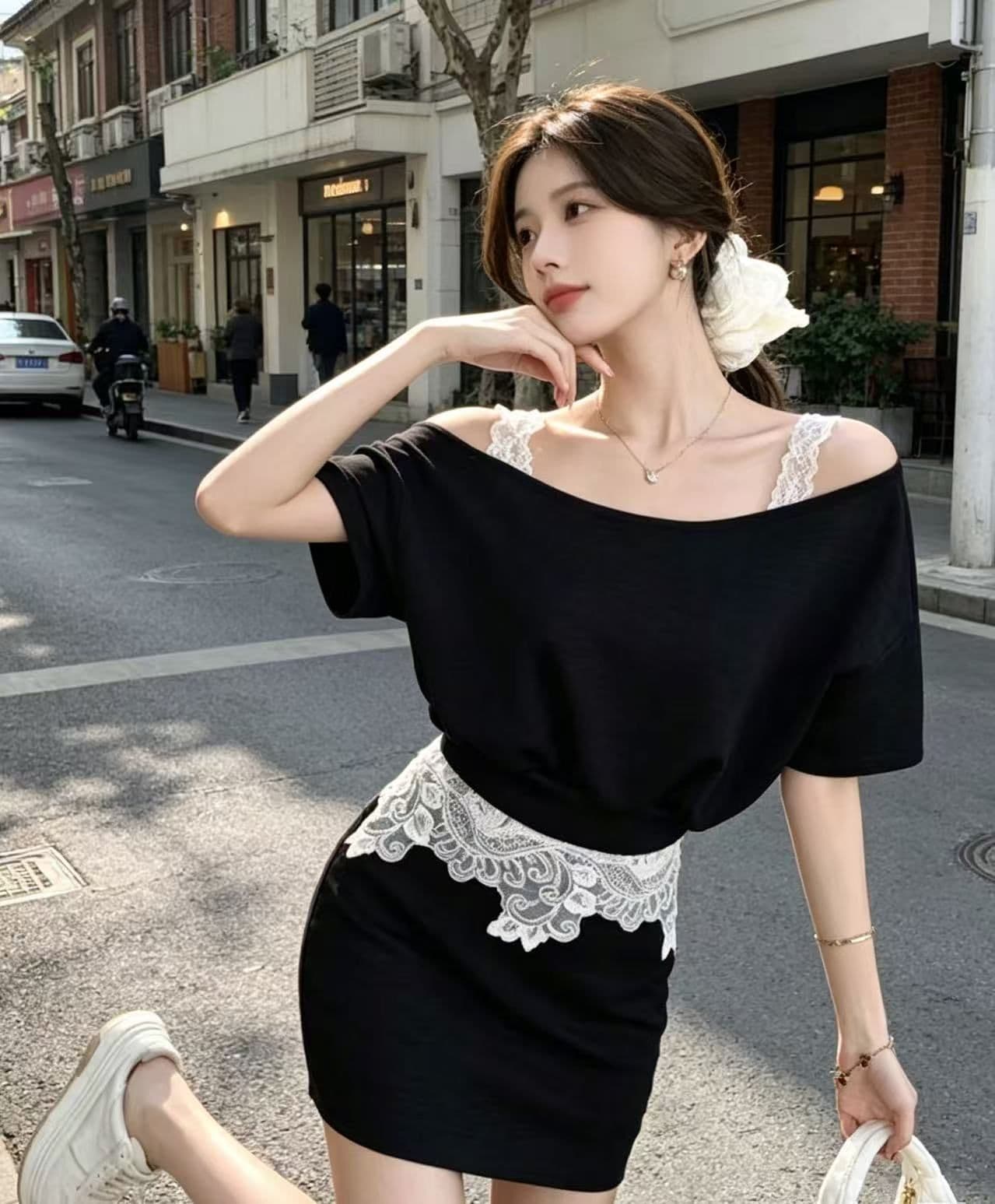 프랑스식 빛 요리 한 바람 외국 가스 레이스 조각 비스듬한 칼라 반팔 투피스 세트 세트 여성 2025 여름 새로운 세트 드레스 상세 이미지 4