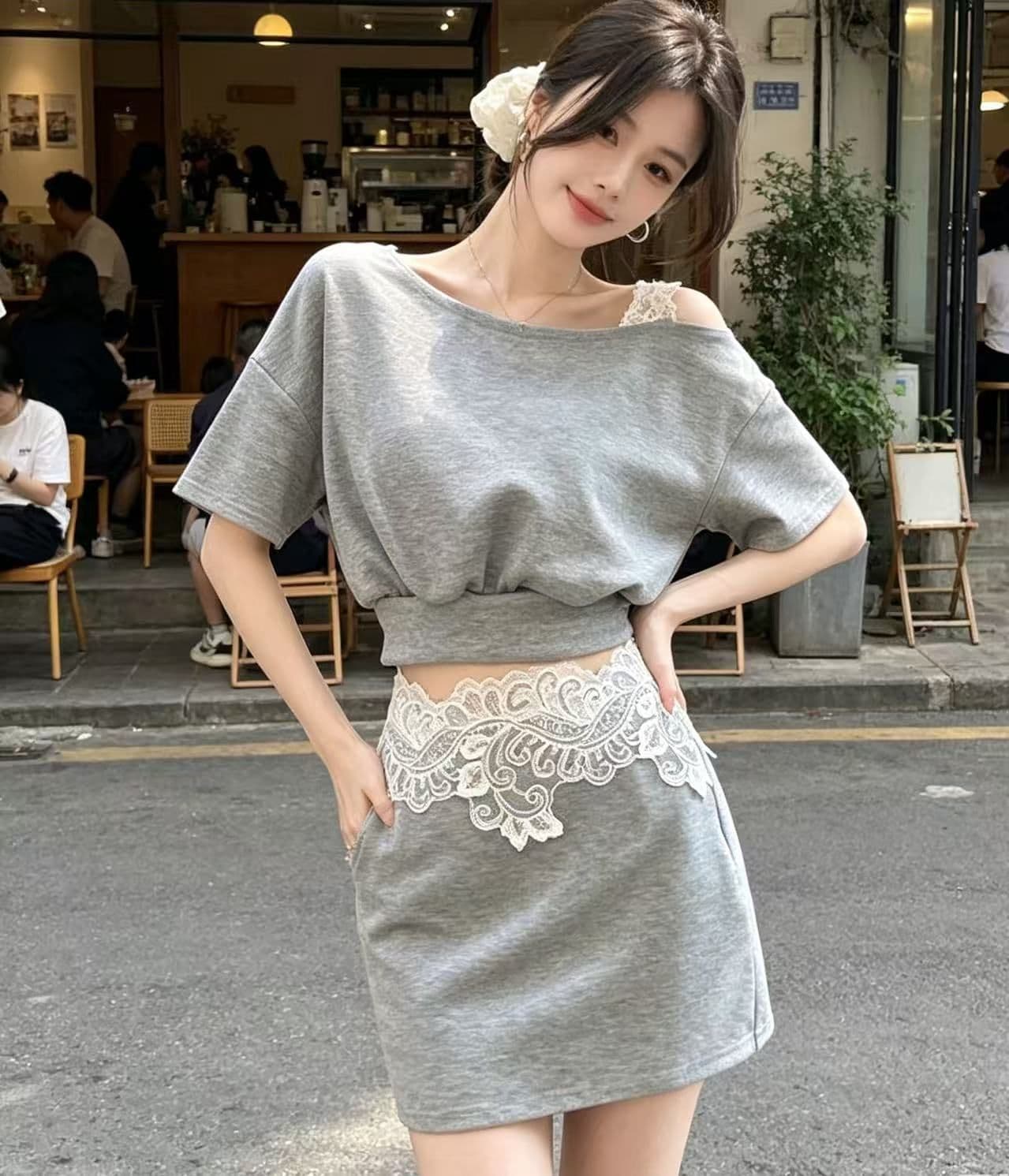 프랑스식 빛 요리 한 바람 외국 가스 레이스 조각 비스듬한 칼라 반팔 투피스 세트 세트 여성 2025 여름 새로운 세트 드레스 상세 이미지 5