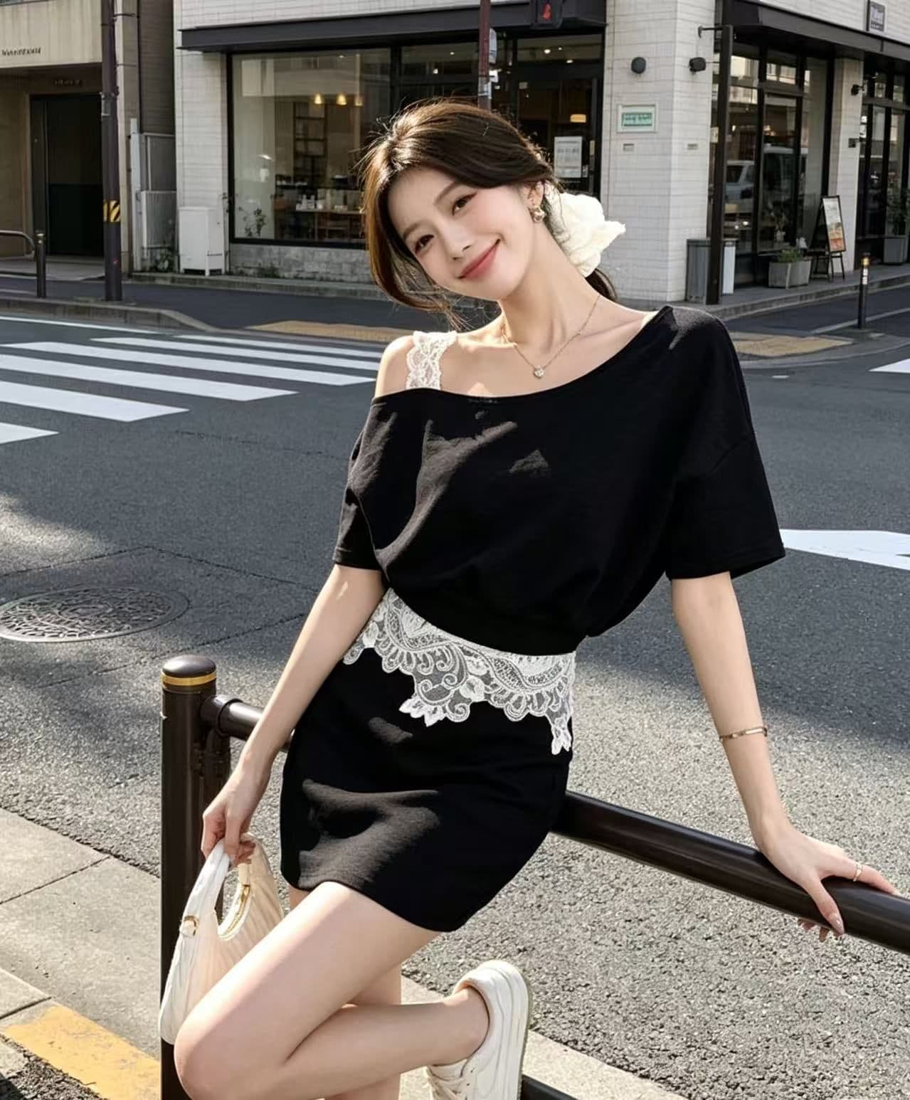 프랑스식 빛 요리 한 바람 외국 가스 레이스 조각 비스듬한 칼라 반팔 투피스 세트 세트 여성 2025 여름 새로운 세트 드레스 상세 이미지 6