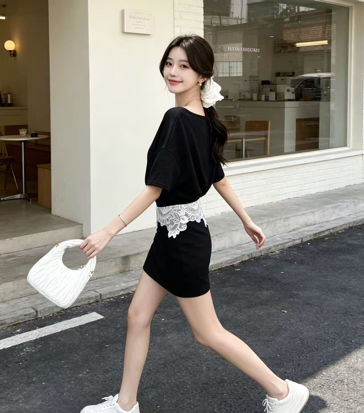 프랑스식 빛 요리 한 바람 외국 가스 레이스 조각 비스듬한 칼라 반팔 투피스 세트 세트 여성 2025 여름 새로운 세트 드레스 상세 이미지 8