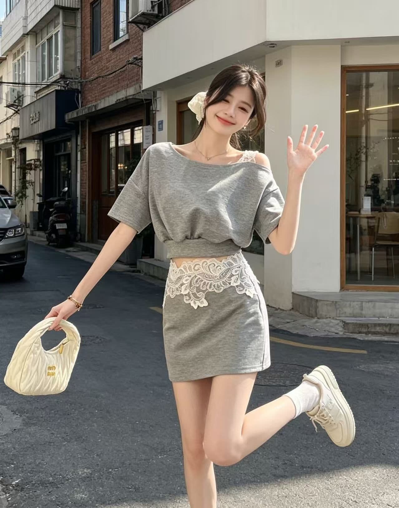 프랑스식 빛 요리 한 바람 외국 가스 레이스 조각 비스듬한 칼라 반팔 투피스 세트 세트 여성 2025 여름 새로운 세트 드레스 상세 이미지 9